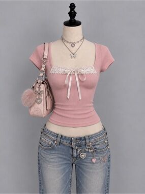 Coquette Square Neck Ribbed Tee with Lace Trim - Pink
